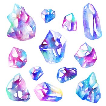 Hand drawn diamond crystals - set of decorative watercolor drawings on white background
