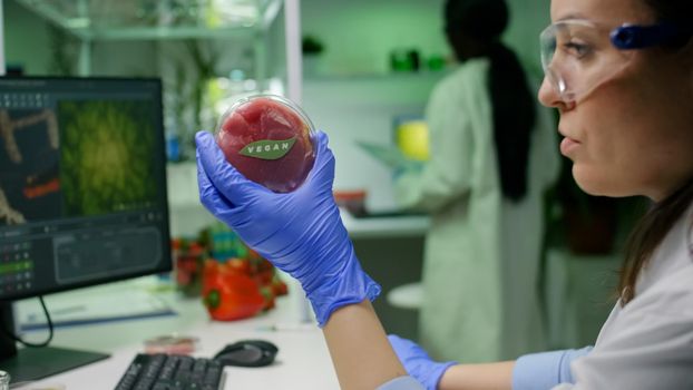 Biologist researcher looking at plant based beef substitute for vegetarien people typing biotech medical expertise on computer. Scientist analyzing genetic mutation on food working in microbiology lab