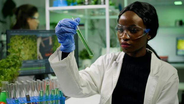 African reseacher looking at test tube with green dna of sapling analyzing genetic mutation modified for microbiology experiment. Scientist working in agriculture laboratory developing eco environment