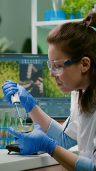 Chemist woman taking dna liquid from test tube with micropipette putting in petri dish analyzing genetic mutation. Biologist researcher working in pharmaceutical laboratory