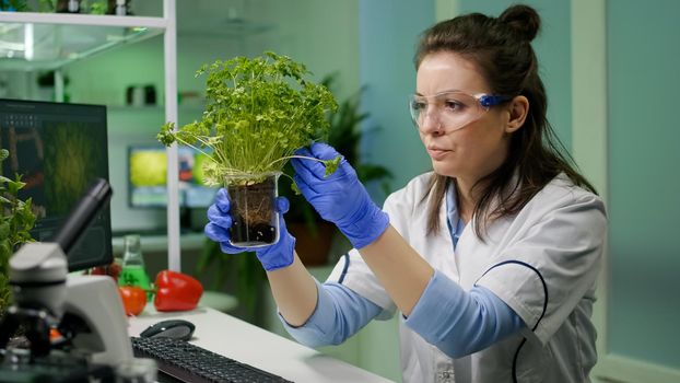 Botanist researcher woman examining green sapling observing genetic mutation analyzing organic plants for agriculture experiment. Chemist working in biological pharmaceutical laboratory