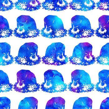 XMAS watercolor Santa Claus Hat Seamless Pattern in Blue Color. Hand PaintedCap Costume background or wallpaper for Ornament, Wrapping or Christmas Gift.