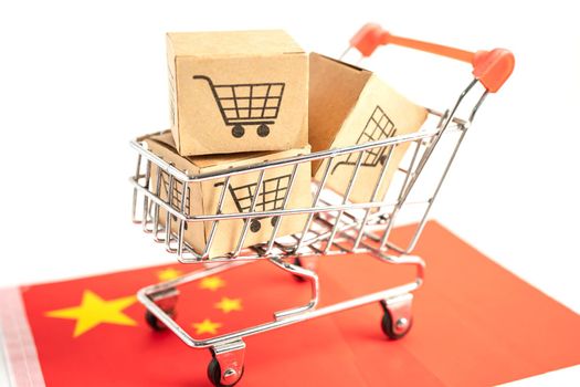 Box with shopping cart logo and China flag, Import Export Shopping online or eCommerce finance delivery service store product shipping, trade, supplier concept.