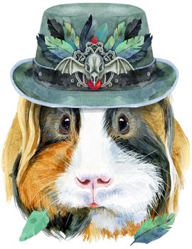 Cute cavy in olive hat with raven skull and feathers. Pig for T-shirt graphics. Watercolor abyssinian guinea pig illustration
