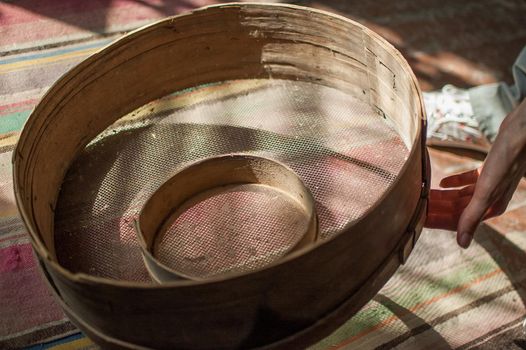 Old sieves, tool for bakery from the past for flour sifting.