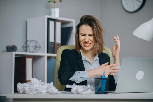 Stressed businesswoman annoyed using stuck laptop, angry woman mad about computer problem frustrated with data loss, online mistake, software error or system failure.