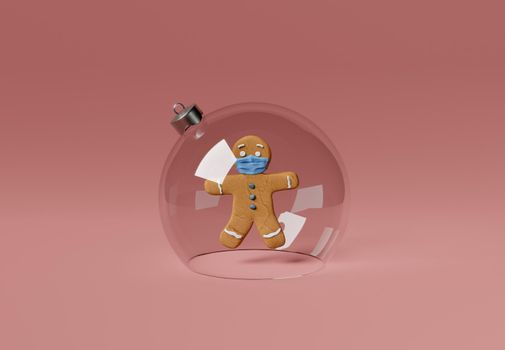 gingerbread man with face mask inside a christmas ball. christmas confinement concept. 3d rendering