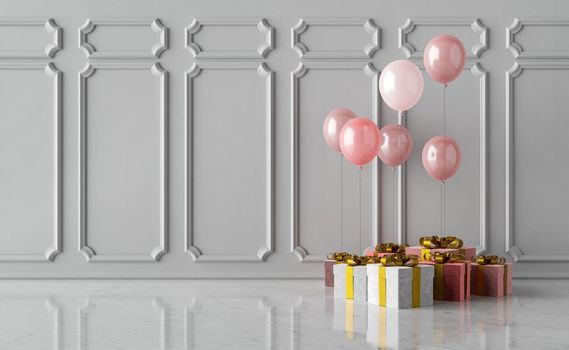 gifts with balloons on marble floor and empty wall. 3d rendering