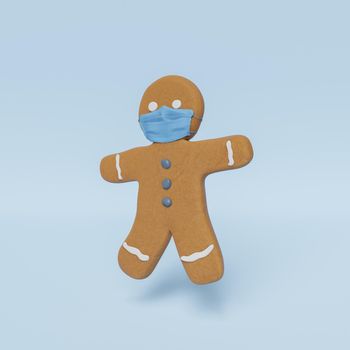 gingerbread man with face mask. coronavirus and christmas concept. 3d rendering