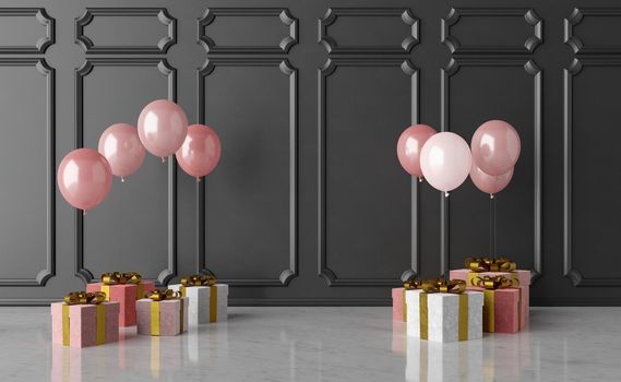 gifts with balloons on marble floor with dark wall and space in the center for text. Holiday background. 3d rendering