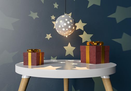 table with gift boxes and night lamp projecting stars for product display. 3d rendering
