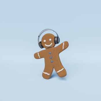gingerbread man dancing with headphones on blue background. 3d rendering