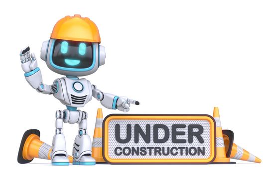 Cute blue robot under construction sign 3D rendering illustration isolated on white background