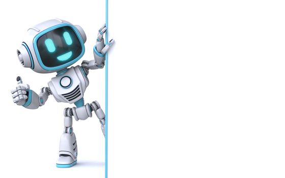 Cute blue robot holding blank white board 3D rendering illustration isolated on white background