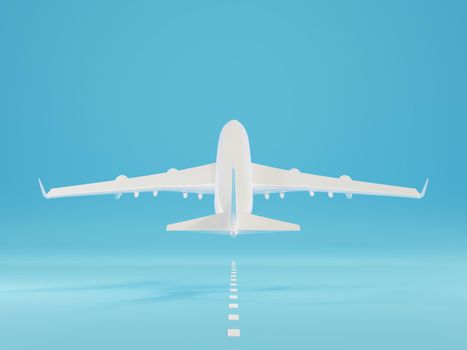 Airplane landing or taking off over ground on runway from the airport, Large jet plane takeoff on blue background, business travel flight concept, 3D rendering illustration