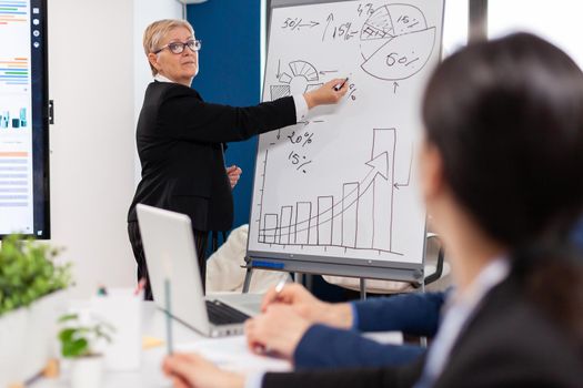 Mature businesswoman writing on white board, presenting sales evolution answering question. Serious speaker boss executive, business trainer explaining development strategy to motivated mixed race employees.