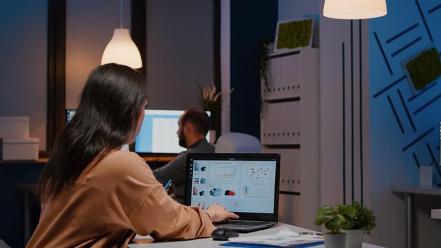 Workaholic businesswoman working at management strategy analyzing financial graphics in startup business office. Tired entrepreneur woman typing economic ideas on laptop late at night