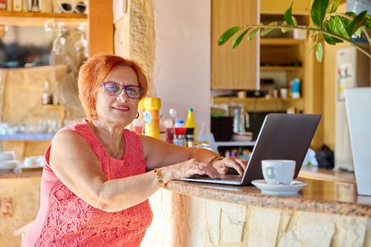 Smiling positive elderly woman looking at laptop screen. A female of retirement age in a cafe with a laptop. Active lifestyle of retirees, technology, family business, 70s people concept