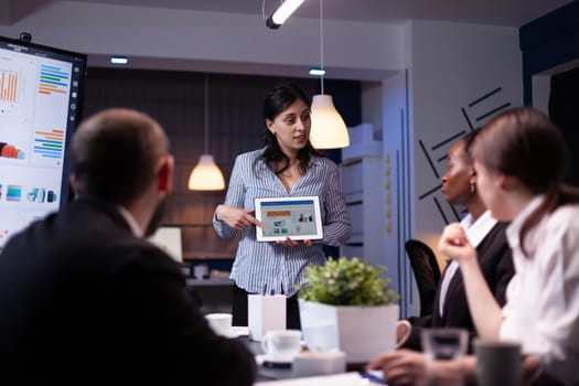 Manager holding tablet pc in meeting room late at night explaining graphs to her team. Diverse multi-ethnic teamwork solving financial strategy. Business leader holding presentation for new project