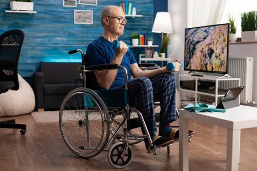 Invalid pensioner in wheelchair training body muscles persistence using gym dumbbells recovery after paralysis. Focused disability senior man watching workout video exercise on tablet in living room