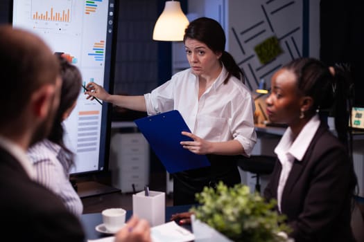Entrepreneur woman brainstorming management strategy working hard in meeting office room late at night. Diverse multi-ethnic business team looking at financial company presentation on monitor.