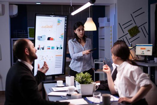 Workaholic businesswoman pointing financial strategy using monitor working overtime in company meeting office room. Diverse multi-ethnic teamwork overworked solving management statistics in evening