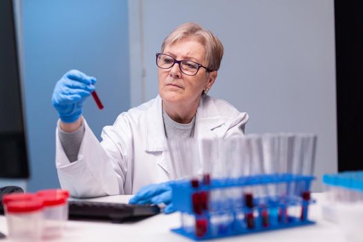 Biotechnologist senior doctor analysing a blood tube for medical investigation. Researcher in biology medicine lab working with professional technology equipment for diagnostics development and healthcare