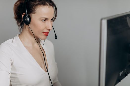 Customer Support Agent Receptionist Wear Headset Consult Online Client. Talk in Internet Computer Chat, Helpline Operator Secretary Make Conference Video Call