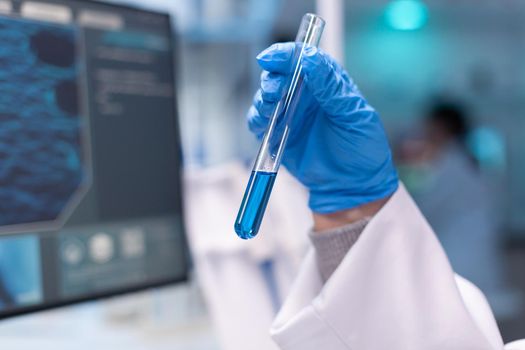 Close up of test tubes for science experiment. Pharmacy doctor discovering scientific disease with biotechnology professional equipment, work with pharmaceuticals for health care