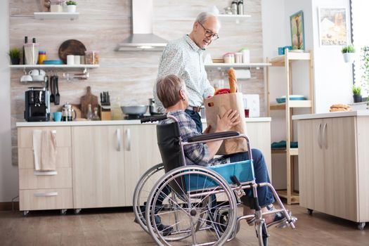 Senior man taking grocery paper bag from handicapped wife in wheelchair. Mature people with fresh vegetables from market. Living with disabled person with walking disabilities