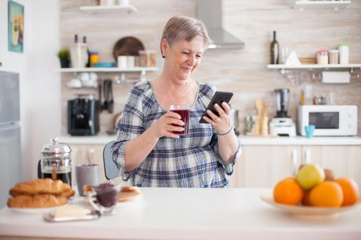 Leisure morning for senior woman using modern technology in bright cozy kitchen. Authentic elderly person using modern smartphone internet technology. Online communication connected to the world, senior leisure time with gadget at retirement age