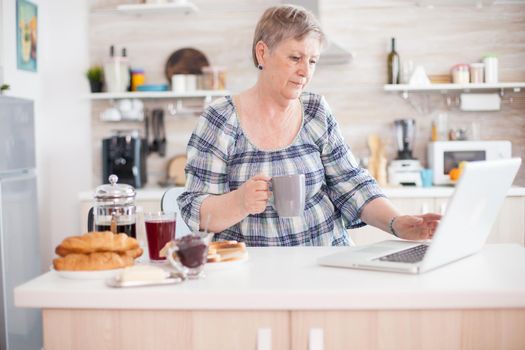 Senior woman using laptop in kitchen during breakfast and driking coffee. Elderly retired person working from home, telecommuting using remote internet job online communication on modern technology notebook