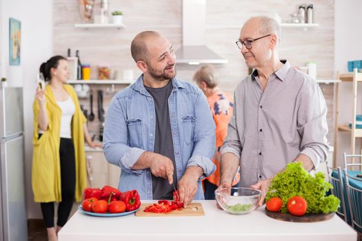 Father and son looking at each other during preparation of delicious salad for family luch. Wife smiling and drinking wine.