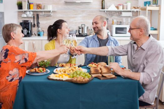 Smiling family toasting with wine glasses during family lunch in kitchen. Tasty seasoned potatoes. Happy senior parents.