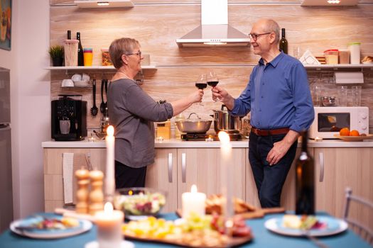 Romantic couple clinking glasses celebrating their relationship anniversary. Aged couple in love talking having pleasant conversation during healthy meal.