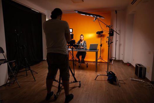 Filmmaker recording podcast for famous vlogger. Content creator new media star on social media recording for internet web online subscribers audience new podcast episode