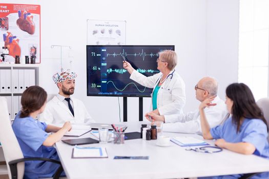 Female scientist discussing about brain waves with hospital medical staff. Monitor shows modern brain study while team of scientist adjusts the device.