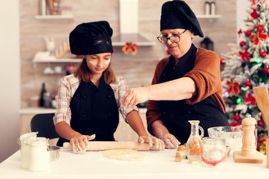 Grandchild wearing apron on christmas day and grandmother spreading flour over dough. Happy cheerful joyfull teenage girl helping senior woman preparing sweet cookies to celebrate winter holidays.