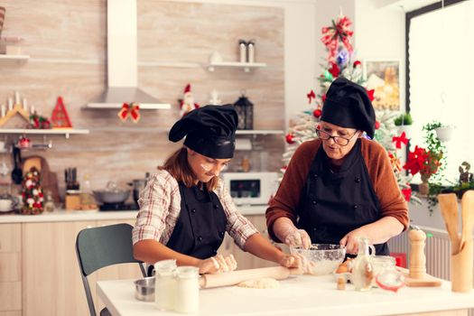 Niece and grandmother wearing apron on christmas day knead for cake. doughHappy cheerful joyfull teenage girl helping senior woman preparing sweet cookies to celebrate winter holidays.