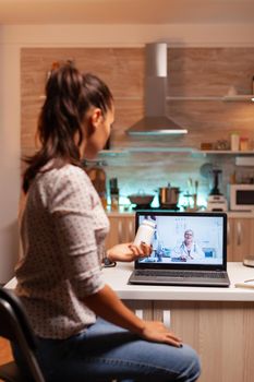 Medical specialist talking with patient during video conference about treatment. Physician giving consultation to sick patient from hospital office during virtual examination, medicine, appointment.