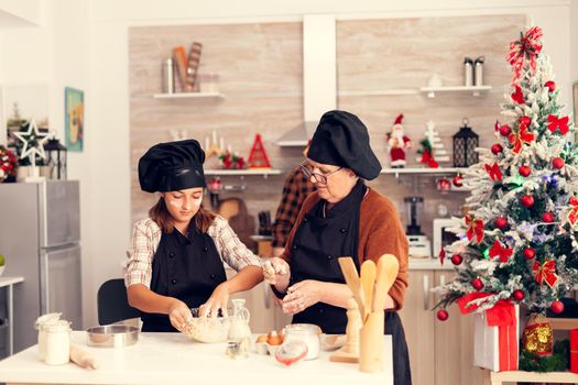 Happy girl on christmas day wearing apron making cookies together with grandma. Cheerful joyfull teenage girl helping senior woman preparing sweet cookies to celebrate winter holidays.