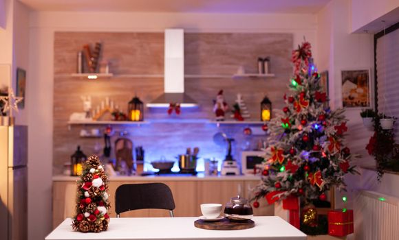 Empty room decorated with christmas ornaments, tree and festive decorations at modern home. Nobody in kitchen with utensils and professional appliances in preparation of seasonal festivity