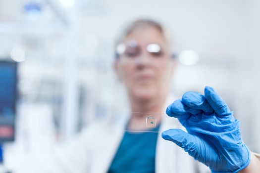 Close up of senior scientist holding biochemistry material on glass slide during clinic study. Elderly researcher in sterile lab looking on microscope slide wearing lab coat.