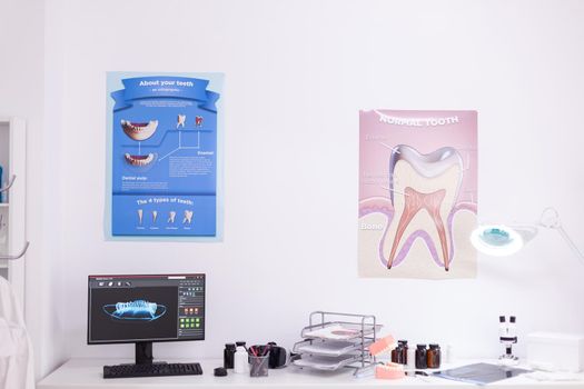 Empty orthodontist stomatology hospital office room prepared for medical healthcare treatment after dental diagnosis. Orthodontic cabinet equipped with tooth instruments for oral care
