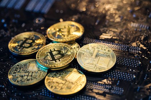 Blockchain technology, bitcoin mining. Close up shot of Gold Bitcoins coins isolated on motherboard background. Crypto currency, bitcoin. BTC, Bit Coin.