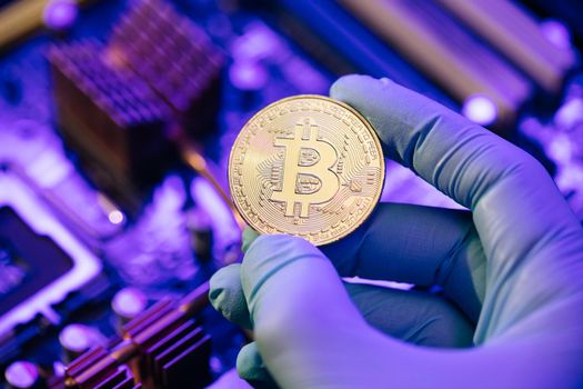 Businessman hands in gloves hold gold Bitcoin on motherboard background. Cryptocurrency in the fingers. Person shows future currency. Mining, trading.