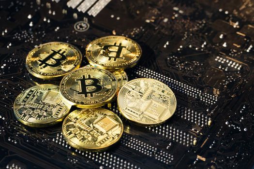 Golden Bitcoins. New virtual money. Mining Golden Bitcoins. Bitcoins coins isolated on motherboard background. Crypto currency, bitcoin. BTC, Bit Coin. Blockchain technology