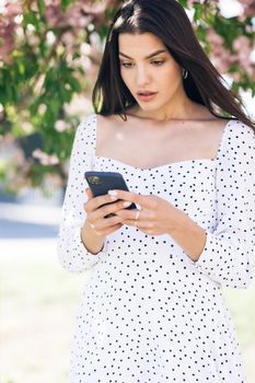 Vertical portrait of a beautiful woman using a smartphone in the park on a background of sakura trees. Young beautiful girl browsing the Internet using social networks.