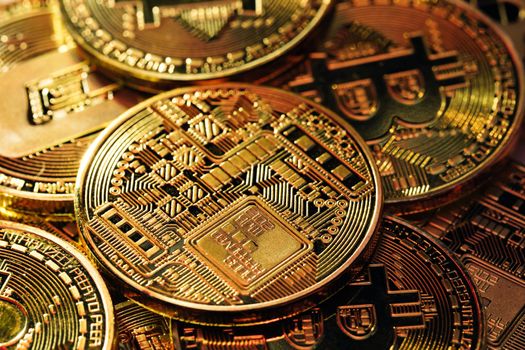 Golden Bitcoins. New virtual money. Mining Golden Bitcoins. Bitcoins coins isolated on background. Crypto currency, bitcoin. BTC, Bit Coin. Blockchain technology