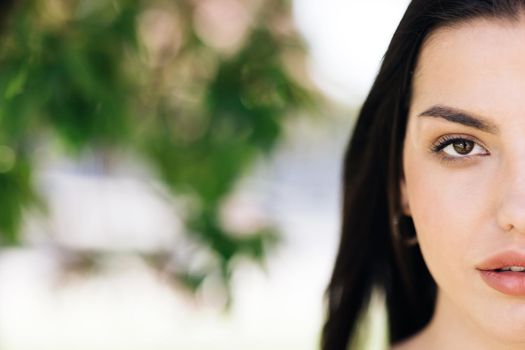 Close up half face of beautiful soft woman with natural make-up looking at camera. Portrait young asian pretty brunette girl outside at sunshine. Etnnicity. People. Beauty